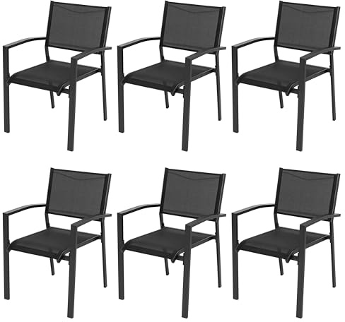 Avestar Ensemble de 6 Chaises de Jardin Extérieur en Textilène Respirant, Fauteuil, Chaises de Table de Jardin, Chaise Empilable pour Toutes Les Conditions Météorologiques, Noir