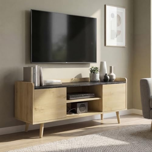 Blisswood TV Unit, 112cm TV Stand Cabinet for up to 43–50 Inch TVs, TV Unit for Living Room with Storage & Open Shelf, Wooden Legs Entertainment Console Table, TV Cabinet for Bedroom, Oak + Black