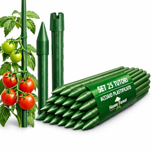 Set 25 Paletti per Piante Rampicanti e Pomodori in Acciaio Plastificato Bastoncini Supporto Resistenti per Orto Giardino Pali Tutori Sostegno Antiruggine Cetrioli Fiori Verdure Piante (90 cm x 8 mm)