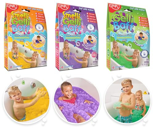 ZIMPLI - 3 x Gelli Baff Tutti Frutti, Bubblegum e Verde, trasforma magicamente l'acqua in una poltiglia densa e colorata, giocattolo sensoriale da bagno per bambini, riempitivo per borse da festa