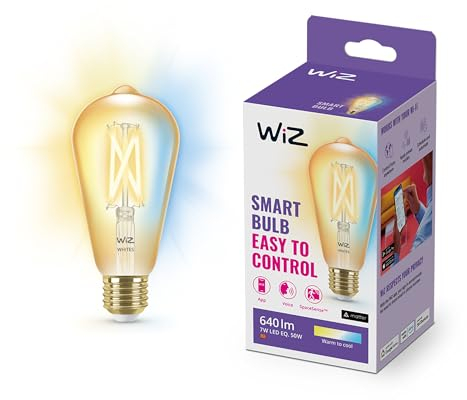 WiZ Tunable White Amber LED Lampe E27 (640 lm), 1er-Pack 50 W Filament Lampe im Vintage Design mit bernsteinfarbenem dimmbarem Licht, smarte Lichtsteuerung über WLAN per Stimme/App
