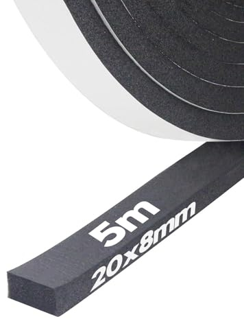 Skumisoleringstejp, självhäftande skumremsa, 20 (B) x 8 mm (T) x 5 m (L), väderskalning för dörrar och fönster, tätar drag, dörrljudisolering, stötsäker, möbelskyddande