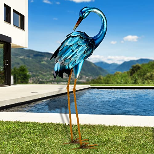 Chisheen Statuettes de Jardin en métal, Grue de Jardin en métal, Sculpture de héron Bleu, Grand héron de Jardin, Statues d'oiseaux, décorations de pelouse pour Jardin, étang, terrasse, Porche