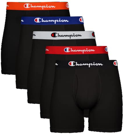 Champion Men’s Boxer Briefs, Cotton Stretch Underwear with Mesh Pouch, Moisture-Wicking, No Ride-Up Fit, Logo Waistband, Multi-Pack, Black-5 Pack, Large