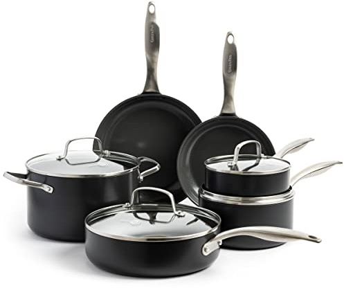Greenpan Canterbury Hard Anodized Healthy Ceramic Nonstick, 10 Piece Cookware Pots and Pans Set, PFAS-Free, Dishwasher Safe, Oven Safe, Black
