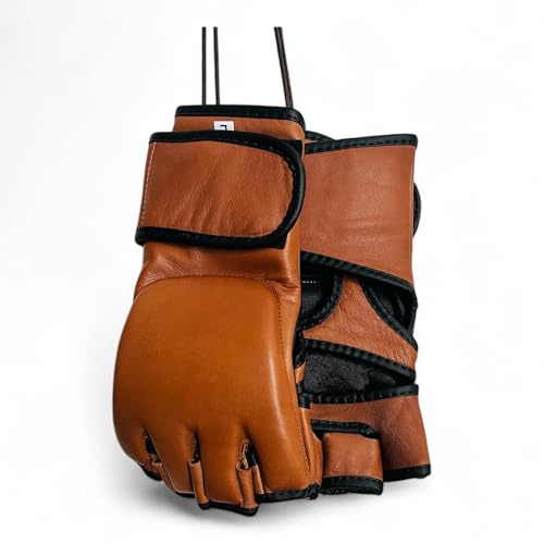 MMA Gloves | PRO Version | 100% TAN Leather Vintage Training Boxing | Retro by GEOFFREY (L)