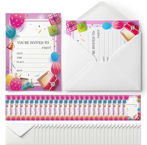 SOL 28x Pink Birthday Party Invitations Kids Girls with Envelopes - kids party invitations & birthday cards Premium Cardstock RSVP Princess Invitation Cards With Envelopes - Girls Invites
