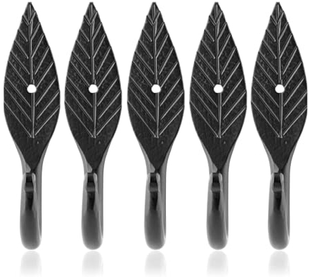 Fayesia Black Hooks - Blacksmith Handcrafted Decorative Wall Mounted Coat Hooks for Hanging Coats, Towels, Bags, Keys and More - Screws Included - Set of 5 (Leaf)