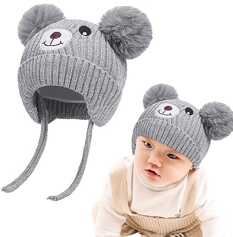 Söt björn barn vinter fleece fodrad stickad mössa med öronklaffar dubbel pom-pom chenille lurvig mössa öronlapp varm mössa hatt med rem kallt väder varm mössa för 1-5 år spädbarn småbarn pojkar