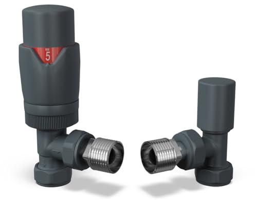UK Radiators Thermostatic Radiator Valve (TRV) - 15mm Angled Lockshield - Textured Anthracite Grey Colour - Energy Saving 1/2 x 15mm Brass Angled Valve