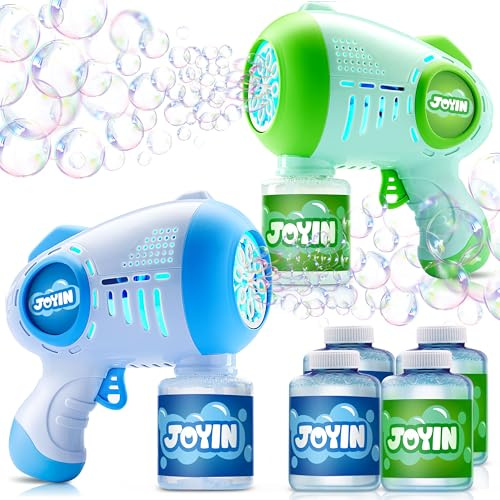 JOYIN 2 Pistolas de pompas de jabón para niños con 4 Botellas de solución, máquina automática de pompas de jabón con 8 Aberturas para niños, Adultos, Relleno para la Cesta de Pascua, Verde, Azul.