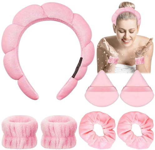 Miioto Diadema Skincare 7 Piezas Con Muñequeras y Accesorios Para Empolvarse, Spa y Desmaquillarse (Rosa)