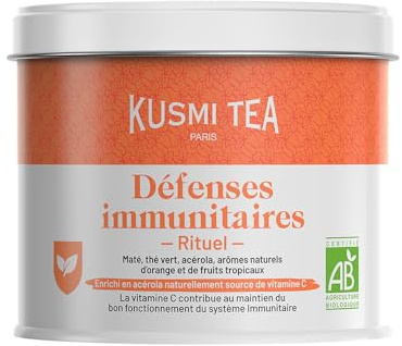 Kusmi Tea - Rituel Défense Immunitaires - Thé Bio - Thé Vert, Maté Bio Enrichi en Vitamine C - Acérola, Arômes Naturels d'Orange et de Fruits Tropicaux - Boîte Thé Métal 100g pour environ 50 Tasses