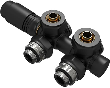 EMKE Raccordi per radiatori multiblocco, accessori per il riscaldamento, angolo e forma di passaggio, 50 mm, valvola per radiatore con termostato (per tubi da 16 mm, G1/2, 1 pezzo, nero)