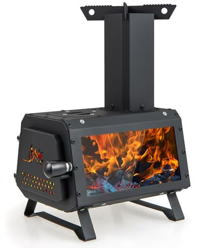 COSTWAY Wood Stove, Camping Burning Stove with Pot Rack, Chimney Pipe and Glass Window, Portable Tent Wood Stove Heater for Picnic Fishing Hiking (28 x 20 x 37 cm)