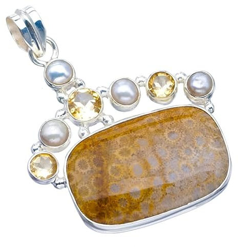 StarGems Natürlich Chrysantheme Jaspis&Citrin Und Flussperle Handmade 925 Sterling Silver Anhänger 2 F6514