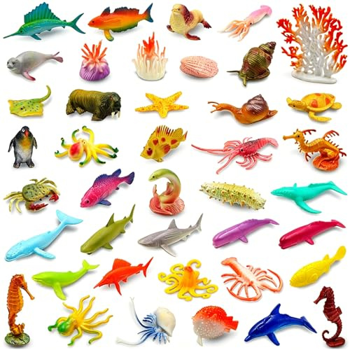 Pinowu Set di mini giocattoli assortiti di animali marini oceanici (50 pezzi), mini giocattoli assortiti in gomma vinilica, realistici, creatura marina, giocattolo da bagno per bambini, bomboniere