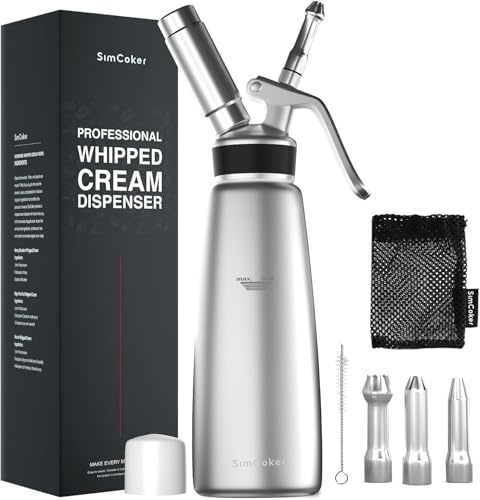 SimCoker Whipped Cream Dispenser,Aluminum 500ml Whipped Cream Maker,3 Decorating Nozzles,1 Brush,1 Storage Bag,withou N2O Chargers,Sliver