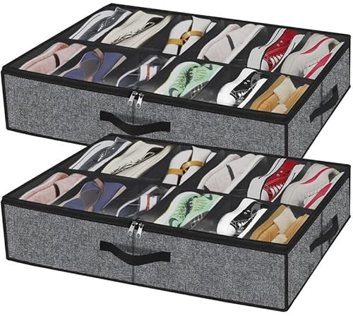 Uwenkjie Underbed Storage Container with 24 Compartments - Foldable Shoe Box with Transparent Lid and Reinforced Handle (Dark Gray Edging)