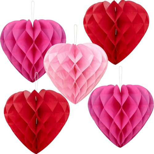 PheiLa 5 Pcs 12 Inch Heart Honeycomb Party Decorations Heart Shaped Pom Poms Paper Honeycomb Ball Decorations for Wedding Birthday Valentines Day Engagement Party Supplies