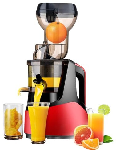 Slow Juicer, liten elektrisk juicemaskin med omvänd funktion/säkerhetslåsskydd/borste, 90% högt juiceutbyte, för frukt och grönsaker,Red