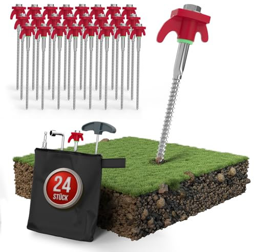 Innosol XXL Set Zeltheringe sturmsicher I 24 rostfreie Erdnägel, leuchtende Gummiringe, 2 Eindrehwerkzeuge, Tasche, Hering Entferner I geeignet für Harte Böden I Schraubheringe Camping Zubehör