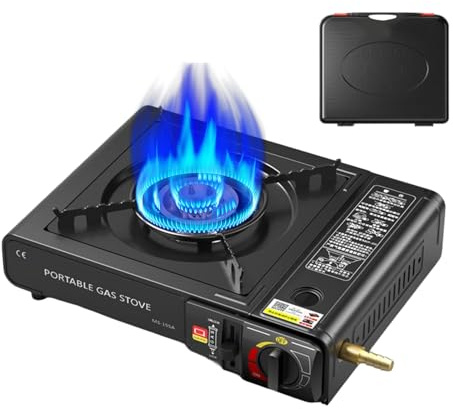 Stufa da campeggio portatile, fornello portatile, fornello da campeggio, fornello a gas con valigetta di trasporto, cucina 2 in 1, disponibile uso butano, compatibile con cilindri gas e liquefatto