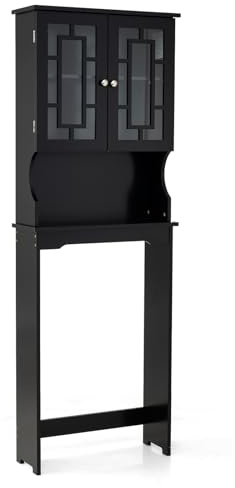 GYMAX Scaffale da Bagno sopra WC Armadio Portaoggetti per Lavatrice, Scaffale Salvaspazio da Bagno, Armadietto con 2 Ante, di Legno, 170,5x60x21,5 cm (Nero)