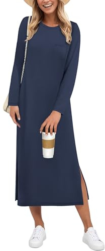 AUSELILY Vestido Invierno Mujer - Vestido Largo Invierno Mujer con Abertura - Holgado Manga Larga Elegante Casual Azul Marino M