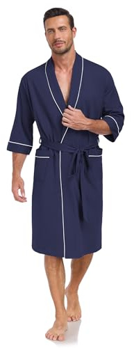 EA'S SECRET Mens Lightweight Robe 100% Cotton Summer Short Sleeve Bathrobe Soft Knee Length Robe with Pockets (Navy Blue, XL)