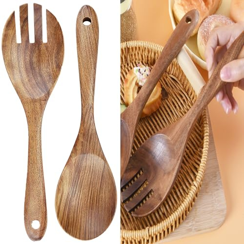 Juego de cubiertos de ensalada de madera, tenedor y cuchara de ensalada con mango largo, utensilios de cocina para mezclar ensaladas, adecuado para ensaladeras grandes, platos de pasta y más de 2
