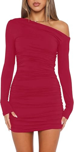 Wenrine - Abito da Donna Sexy, Senza Spalline, a Maniche Lunghe, Mini Abito da Festa, con Volant, Bodycon, da invitata a Matrimonio, Abito da Cocktail, Rosso Vivo, L