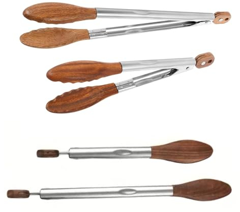 Valnötsträ och rostfritt stål kökstänger för matlagning och servering [2 storlekar] multifunktionsgrill, sallad, BBQ-redskap, BPA-fri, livsmedelsverktyg 1 st (medium - 30 cm (11,81 tum)