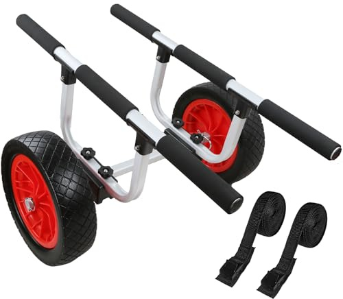 Poakkus Heavy Duty Aluminum Kayak Cart, Adjustable Width Dolly with 470lb Weight Capacity and 12'' Solid Tires，Detachable Canoe Trolley Cart for Kayaks Canoes Paddleboards Float Mats Jon Boats