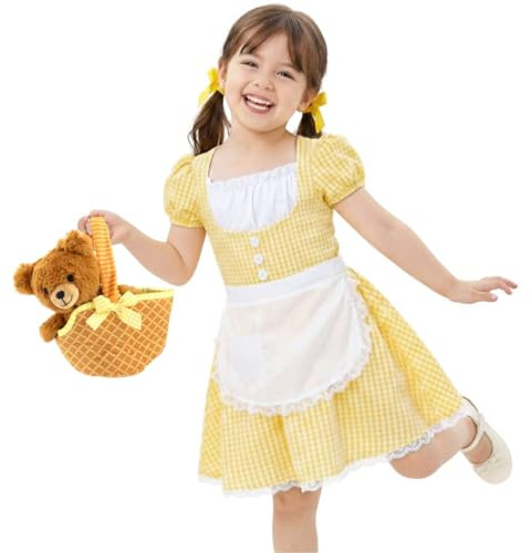 Girls Porridge Girl Costume & Soft Bear & Basket - Small - Yellow Gingham Fairytale Dress with White Apron and Plush Bear Accessory - Classic Goldilocks Storybook Character Fancy Dress World Book Day