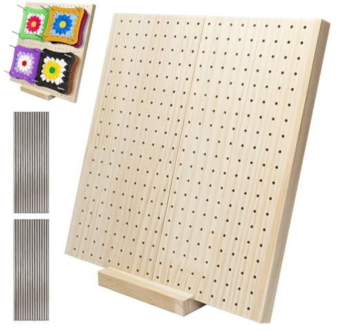 Pilikoll Tavoletta in Legno per Crochet 25x25 cm Tavoletta in Legno per Crochet con 20 Bastoncini in Acciaio Inox Blocco per Granny Square di Tavola per Piccole Parti a Maglia o Uncinetto
