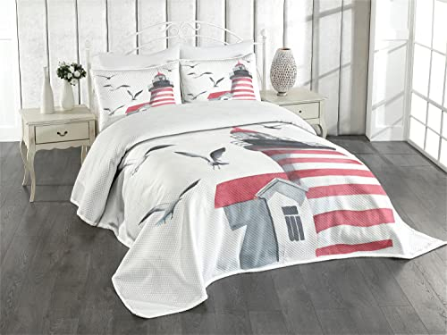 ABAKUHAUS Leuchtturm Tagesdecke Set, Seagulls Strand Meer, Set mit Kissenbezügen Kein verblassen, für Doppelbetten 264 x 220 cm, Weiß Grau Rot