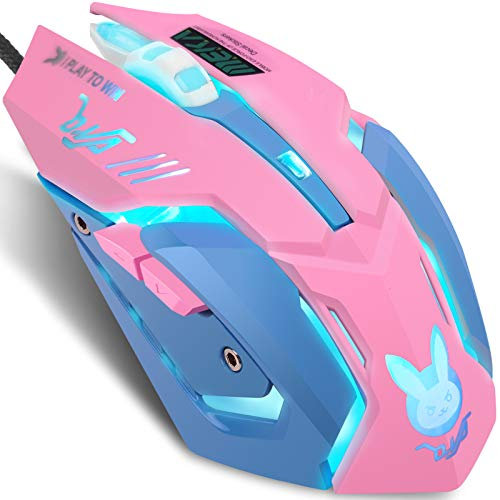 IULONEE Mouse da gioco cablato USB Silenzioso Comodo Mouse da gioco ottico retroilluminato a 7 colori Mouse ergonomico a grandezza naturale 3200 DPI per PC Computer Laptop Desktop (rosa e blu)