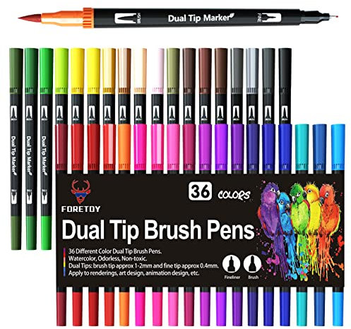 FORETOY Dual Brush Pen Set, 36 Farben Filzstifte Dicke und Dünne Pinselstifte Für Kinder Erwachsene Bullet Journal Stifte, Handlettering, Manga, Mandala, Malbücher, Fasermaler und Fineliner