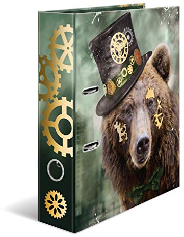 HERMA 7079 Ordner A4 Steampunk Bär, 5 Stück, 7 cm breit, Motiv Aktenordner aus Pappe mit Innendruck für Schule & Büro, stabiles Kinder Ringordner Set aus Karton für Jungen & Mädchen