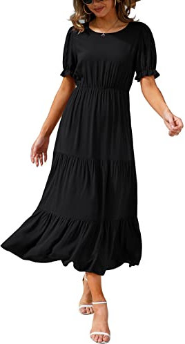 GRECERELLE Womens Summer Midi Dress Floral Print Boho Dress Ruffle Puff Sleeve High Waist A-Line Casual Boho Cocktail Holiday Beach Long Dress for Ladies (Black, XL)