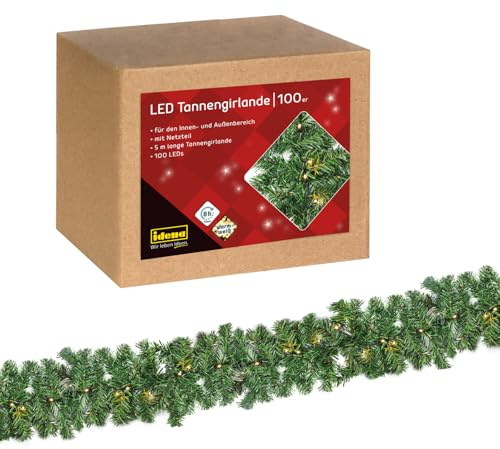 Idena 31870 – LED-grangirlang med 100 lysdioder i varmvitt, med 8 timmars timerfunktion och strömförsörjning, ca 5 m lång, dekoration för inomhus- och utomhusbruk, för pyssel, som festdekoration,