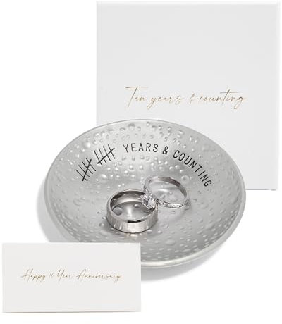PureRejuva 10th Anniversary Tin Gifts - 4 In. Engraved Aluminum Wedding Ring Holder Dish & Gift Box - 10 Year Anniversary for Him & Her Textured Style