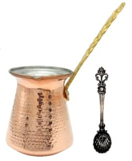 Cafetera turca de 5 tamaños, cafetera griega árabe, gruesa de 3 mm, maciza martillada, hecha a mano, de cobre grabado Cezve Ibrik Briki con mango de madera y latón largo para 2-8 tazas (6 tazas)