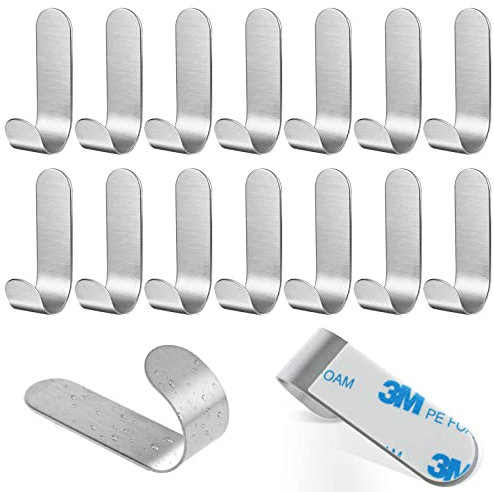 VEGCOO 15 Pièces Crochet Adhésif Mural en Acier Inoxydable, Crochet Adhésif en Acier Inoxydable Étanches et Antirouille pour Salle de Bain, Cuisine