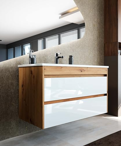 Newroom Waschbeckenunterschrank inkl. Waschbecken Teil-lackiert - Weiß Hochglanz/Holz Eiche - Hängend - mit viel Stauraum - 99,5x58x47,5 cm (BxHxT) - Badezimmermöbel, Waschtisch, Unterschrank