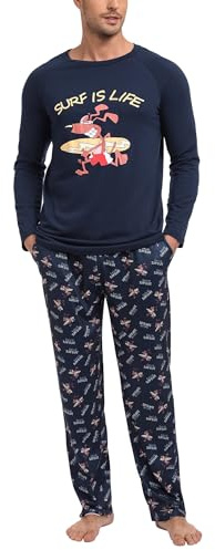 Jahetuul Pijama Hombre Invierno de Algodón con Cuello Redondo Conjunto de Ropa para Dormir Pijama Largo Hombre con Estampado Pijamas y Ropa de Estar en Casa