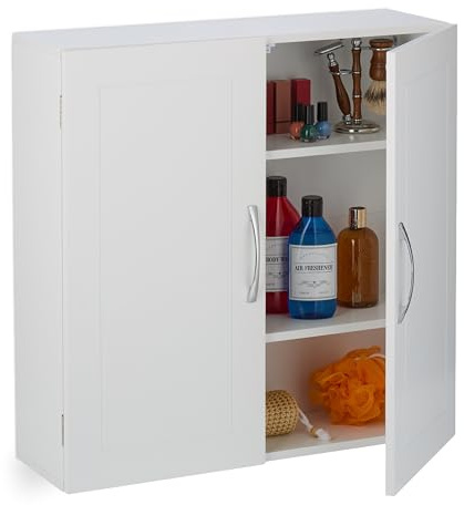 Relaxdays Badschrank, hängend, 3 Flexible Fächer, 2 Türen, HxBxT: 60 x 60 x 20 cm, Hängeschrank für die Wand, weiß