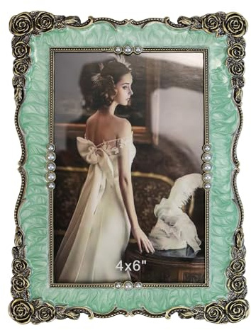 Essovee Vintage Bilderrahmen 10x15 mit Perlen Dekoration für Fotos Glasplatte vertikal horizontal hängend Metallrahmen antik design ideal für Geschenke zum Valentinstag und Muttertag