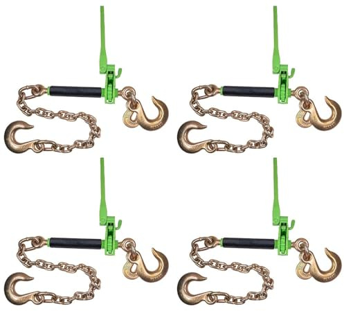 Mytee Products 4 Pack Hi-Viz Green Folding Handle Ratchet Pro-Binder w/ 3/8-5/16 Grab Hook, 1/2 Sling Hook & 3/8 x 2' G80 Chain, 1/2 Sling Hook | 7,100 lbs WLL | Binder for Flatbed Trailer